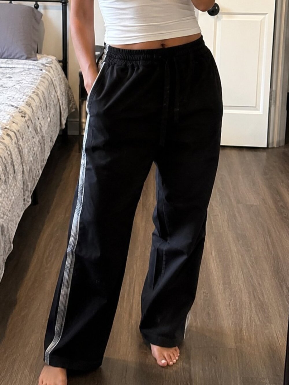 Worthington Women's Black Pull-On Wide Leg Pants Houndstooth Side Stripe Drawstr